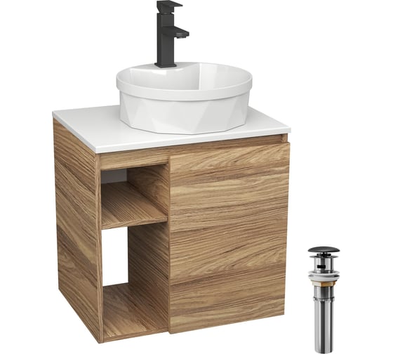 Тумба Bauedge Bau Dream Blackwood 60 правая, раковина BAU Element Cristal D40, белая, смеситель Hotel Black, черный, выпуск клик клак черный SD3335