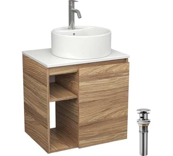 Тумба Bauedge Bau Dream Blackwood 60 правая, раковина BAU Element D40, белая, смеситель Hotel Dream, нерж. сталь, выпуск клик клак хром SD3308 1