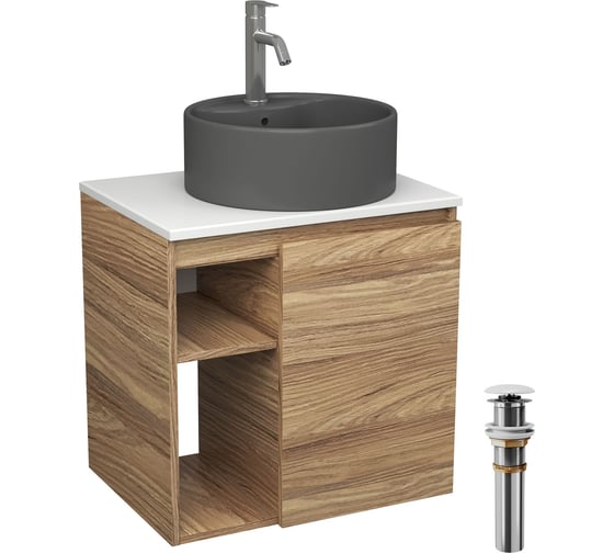 Тумба Bauedge Bau Dream Blackwood 60 правая, раковина BAU Element D41, темно-серая, смеситель Hotel Dream, нерж. сталь, выпуск клик клак белый SD3323 1