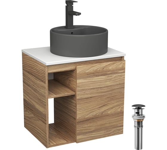 Тумба Bauedge Bau Dream Blackwood 60 правая, раковина BAU Element D41, темно-серая, смеситель Hotel Black, черный, выпуск клик клак черный SD3321