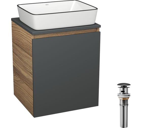 Тумба Bauedge Bau Dream Blackwood 50 графит, раковина BAU Hotel Black Rand 48х37, выпуск клик-клак, черный SD4058