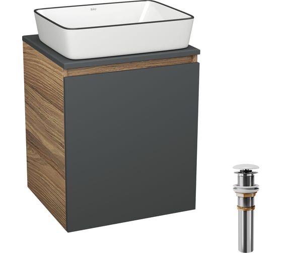 Тумба Bauedge Bau Dream Blackwood 50 графит, раковина BAU Hotel Black Rand 48х37, выпуск клик-клак, белый SD4057 1