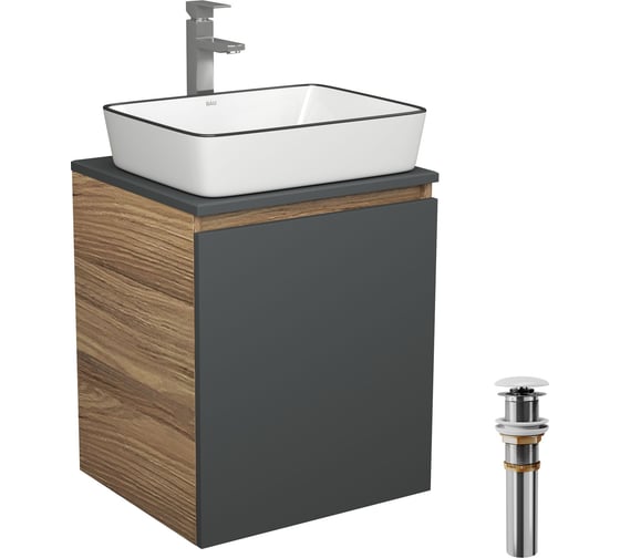 Тумба Bauedge Bau Dream Blackwood 50 графит, раковина BAU Hotel Black Rand 48х37, смеситель для раковины высокий Hotel Still, нержавеющая сталь, выпуск клик-клак, белый SD4062