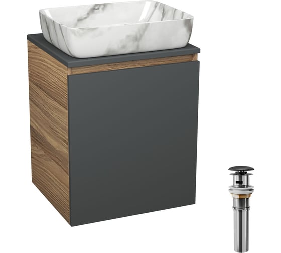 Тумба Bauedge Bau Dream Blackwood 50 графит, раковина BAU Hotel, мрамор, выпуск клик-клак, черный SD4076