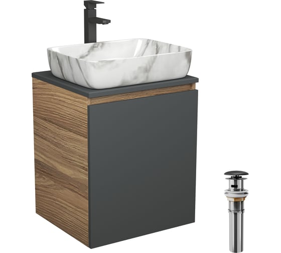 Тумба Bauedge Bau Dream Blackwood 50 графит, раковина BAU Hotel, мрамор, смеситель для раковины высокий Hotel Black, черный, выпуск клик-клак, черный SD4081