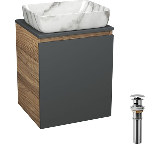 Тумба Bauedge Bau Dream Blackwood 50 графит, раковина BAU Hotel, мрамор, выпуск клик-клак, хром SD4074