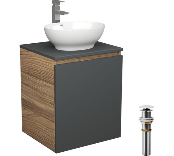 Тумба Bauedge Bau Dream Blackwood 50 графит, раковина BAU Nimb 41х33, смеситель для раковины высокий Hotel Still, нержавеющая сталь, выпуск клик-клак, белый SD4089