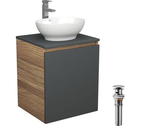 Тумба Bauedge Bau Dream Blackwood 50 графит, раковина BAU Nimb 41х33, смеситель для раковины высокий Hotel Still, нержавеющая сталь, выпуск клик-клак, хром SD4088 1
