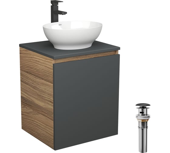 Тумба Bauedge Bau Dream Blackwood 50 графит, раковина BAU Nimb 41х33, смеситель для раковины высокий Hotel Black, черный, выпуск клик-клак, черный SD4090 1