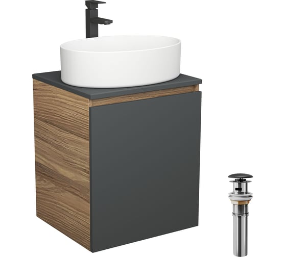 Тумба Bauedge Bau Dream Blackwood 50 графит, раковина BAU Nimb 50х36, смеситель для раковины высокий Hotel Black, черный, выпуск клик-клак, черный SD4045 1