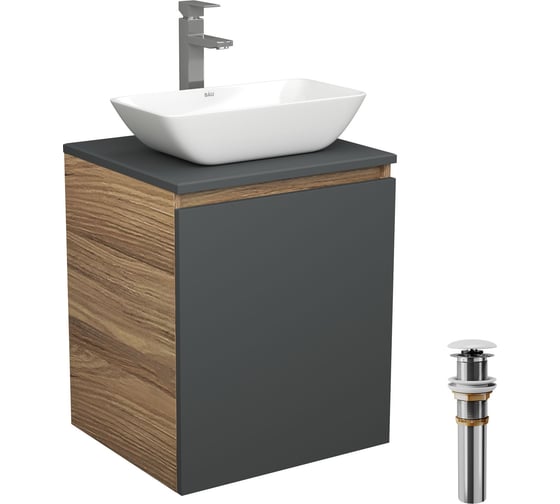 Тумба Bauedge Bau Dream Blackwood 50 графит, раковина BAU Spectrum mini 47х24, смеситель для раковины высокий Hotel Still, нержавеющая сталь, выпуск клик-клак, белый SD4026 1