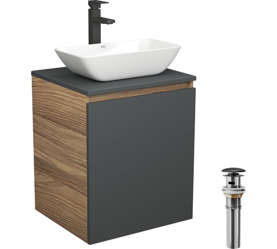 Тумба Bauedge Bau Dream Blackwood 50 графит, раковина BAU Spectrum mini 47х24, смеситель для раковины высокий Hotel Black, черный, выпуск клик-клак, черный SD4027