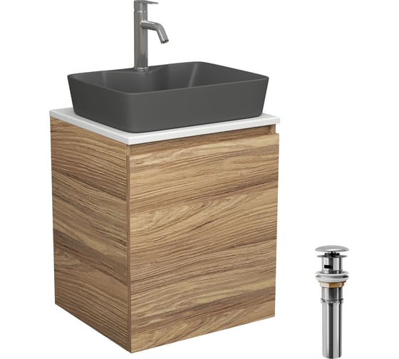 Тумба Bauedge Bau Dream Blackwood 50 с дверцей, раковина BAU Cerama 48х37 темно-серая матовая, смеситель Hotel Dream, нерж. сталь, выпуск клик-клак, хром SD3190 1