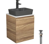 Тумба Bauedge Bau Dream Blackwood 50 с дверцей, раковина BAU Cerama 48х37 темно-серая матовая, смеситель Hotel Black, черный, выпуск клик-клак черный SD3189