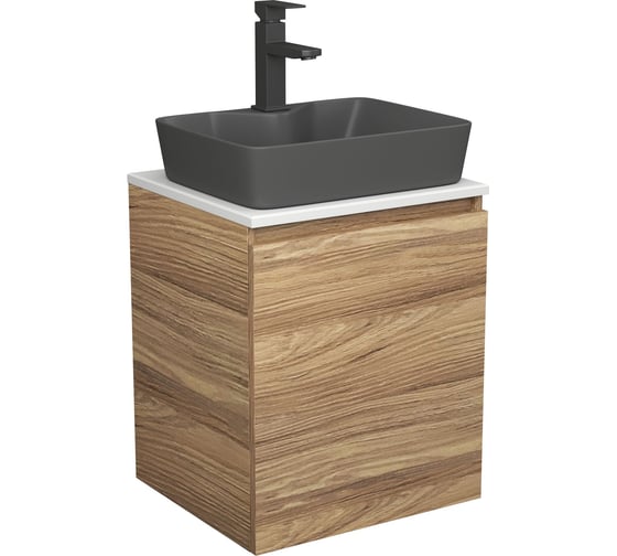 Тумба Bauedge Bau Dream Blackwood 50 с дверцей, раковина BAU Cerama 48х37 темно-серая матовая, смеситель Hotel Black, черный SD3181 1