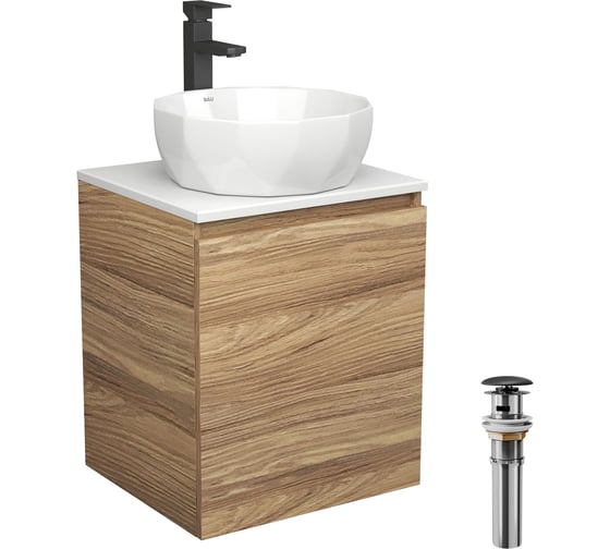 Тумба Bauedge Bau Dream Blackwood 50 с дверцей, раковина BAU Diamond D40, смеситель для раковины высокий Hotel Black, черный, выпуск клик-клак, черный SD3108