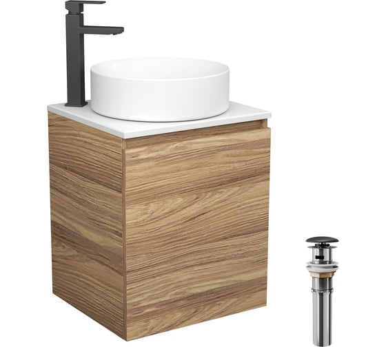 Тумба Bauedge Bau Dream Blackwood 50 с дверцей, раковина BAU Dream круглая, смеситель для раковины высокий Hotel Black, черный, выпуск клик-клак, черный SD3054
