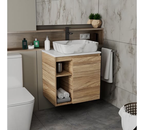 Тумба Bauedge Bau Dream Blackwood 60 правая, раковина BAU Hotel 51х39, мрамор, смеситель для раковины высокий Hotel Black, черный SD3265