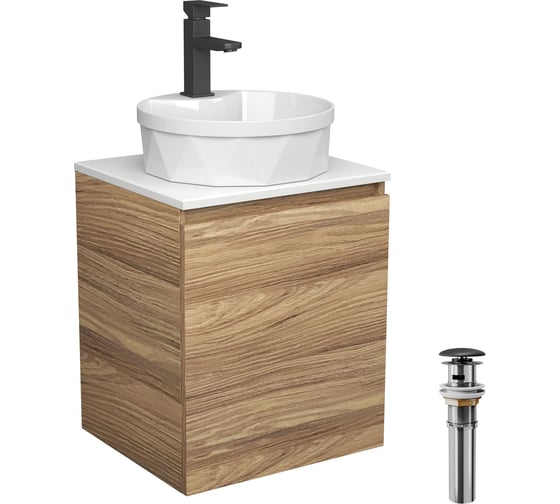Тумба Bauedge Bau Dream Blackwood 50 с дверцей, раковина BAU Element Cristal D40, белая, смеситель Hotel Black, черный, выпуск клик-клак черный SD3147