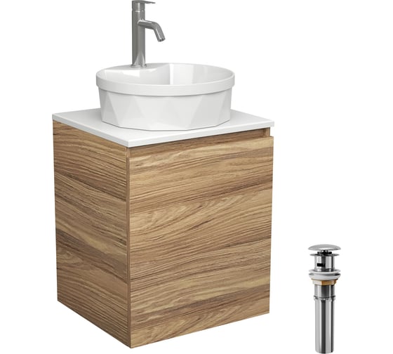 Тумба Bauedge Bau Dream Blackwood 50 с дверцей, раковина BAU Element Cristal D40, белая, смеситель Hotel Dream, нерж. сталь, выпуск клик-клак, хром SD3148 1