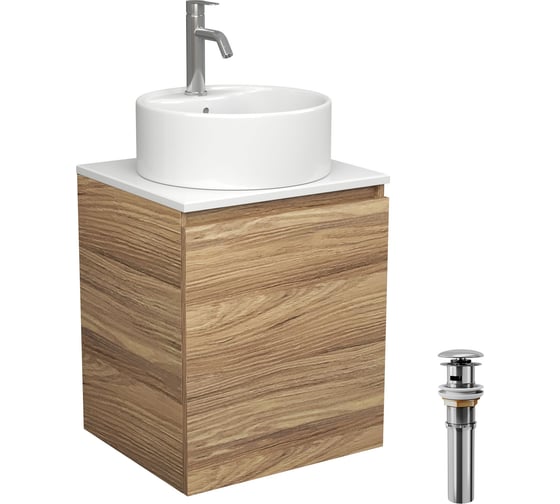 Тумба Bauedge Bau Dream Blackwood 50 с дверцей, раковина BAU Element D40, белая, смеситель Hotel Dream, нерж. сталь, выпуск клик-клак, хром SD3120