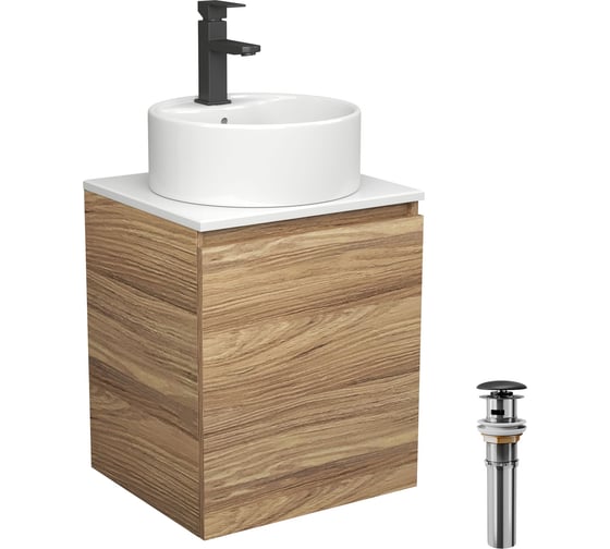Тумба Bauedge Bau Dream Blackwood 50 с дверцей, раковина BAU Element D40, белая, смеситель Hotel Black, черный, выпуск клик-клак черный SD3119 1