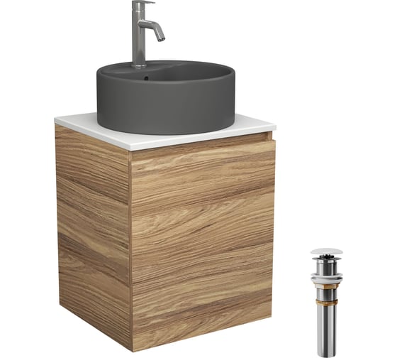 Тумба Bauedge Bau Dream Blackwood 50 с дверцей, раковина BAU Element D41, темно-серая, смеситель Hotel Dream, нерж. сталь, выпуск клик-клак, белый SD3135