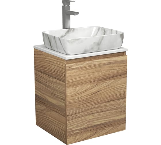 Тумба Bauedge Bau Dream Blackwood 50 с дверцей, раковина BAU Hotel, мрамор, смеситель для раковины высокий Hotel Still, нержавеющая сталь SD3078