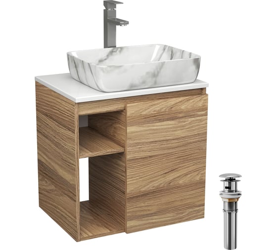 Тумба Bauedge Bau Dream Blackwood 60 правая, раковина BAU Hotel 51х39, мрамор, смеситель для раковины высокий Hotel Still, нержавеющая сталь, выпуск клик клак SD3267 1
