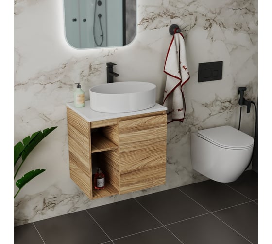 Тумба Bauedge Bau Dream Blackwood 60 правая, раковина BAU Nimb 50х36, смеситель для раковины высокий Hotel Black, черный SD3229