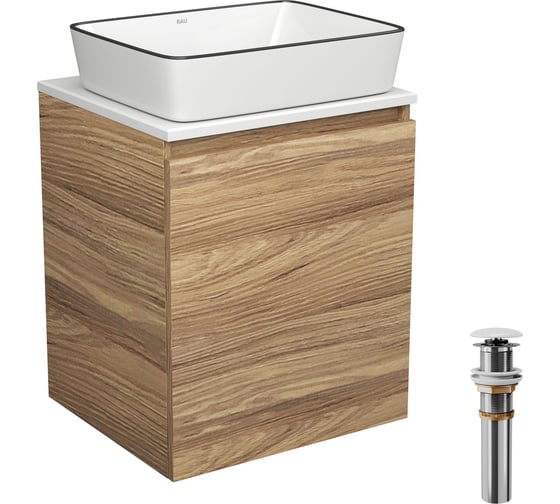 Тумба Bauedge Bau Dream Blackwood 50 с дверцей, раковина BAU Hotel Black Rand 48х37, выпуск клик-клак, белый SD3057