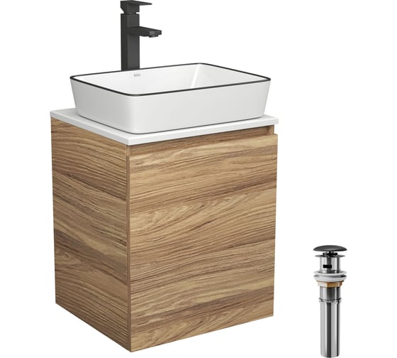 Тумба Bauedge Bau Dream Blackwood 50 с дверцей, раковина BAU Hotel Black Rand 48х37, смеситель для раковины высокий Hotel Black, черный, выпуск клик-клак, черный SD3063