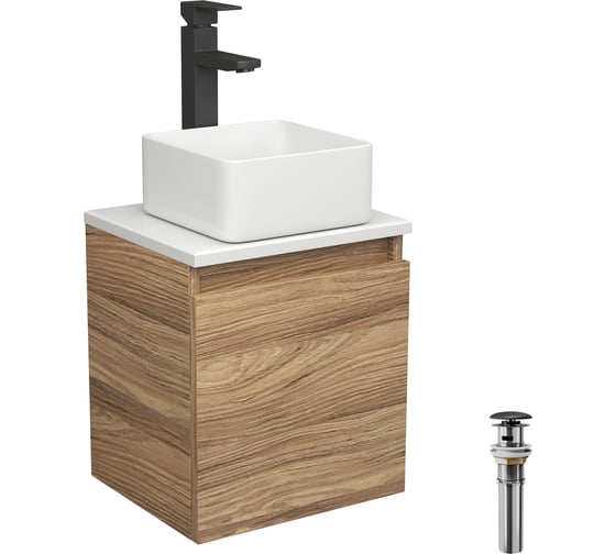 Тумба Bauedge Bau Dream Blackwood 35, раковина BAU Mini 24х24, смеситель для раковины высокий Hotel Black, черный, выпуск клик-клак, черный SD3009 1