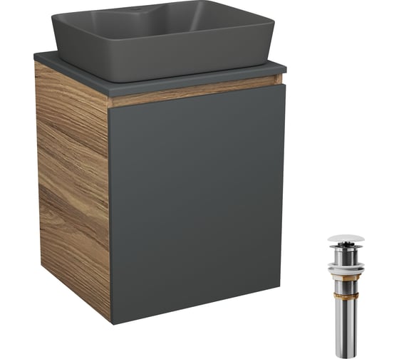 Тумба Bauedge Bau Dream Blackwood 50 графит, раковина BAU Cerama 48х37 темно-серая матовая, выпуск клик-клак белый SD4185