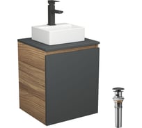 Тумба Bauedge Bau Dream Blackwood 50 графит, раковина BAU Cerama Mini белая, смеситель Hotel Black, черный, выпуск клик-клак черный SD4203