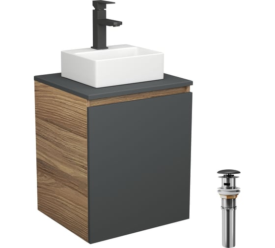 Тумба Bauedge Bau Dream Blackwood 50 графит, раковина BAU Cerama Mini белая, смеситель Hotel Black, черный, выпуск клик-клак черный SD4203 1