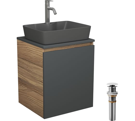 Тумба Bauedge Bau Dream Blackwood 50 графит, раковина BAU Cerama 48х37 темно-серая матовая, смеситель Hotel Dream, нерж. сталь, выпуск клик-клак, белый SD4191