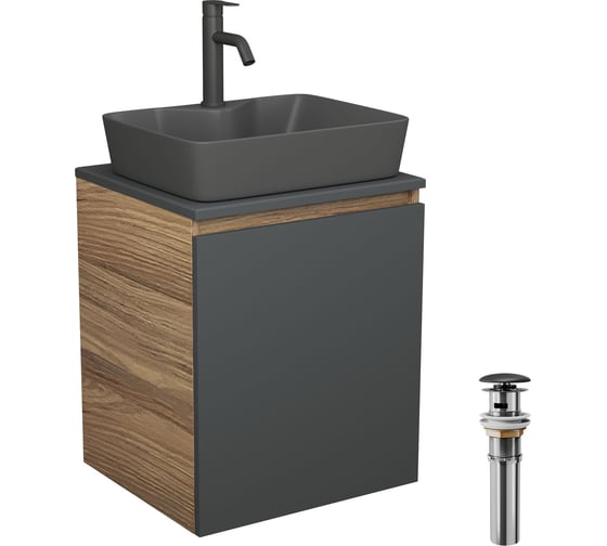 Тумба Bauedge Bau Dream Blackwood 50 графит, раковина BAU Cerama 48х37 темно-серая матовая, смеситель Hotel Dream Black, нерж. сталь, черный, выпуск клик-клак черный SD4192