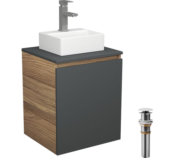Тумба Bauedge Bau Dream Blackwood 50 графит, раковина BAU Cerama Mini белая, смеситель Hotel Still, нерж. сталь, выпуск клик-клак, белый SD4202 1