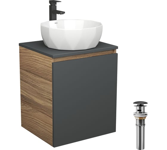 Тумба Bauedge Bau Dream Blackwood 50 графит, раковина BAU Diamond D40, смеситель для раковины высокий Hotel Black, черный, выпуск клик-клак, черный SD4108 1