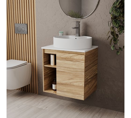 Тумба Bauedge Bau Dream Blackwood 60 правая, раковина BAU Nimb 51х41 белая, смеситель Hotel Still, нерж. сталь SD3340