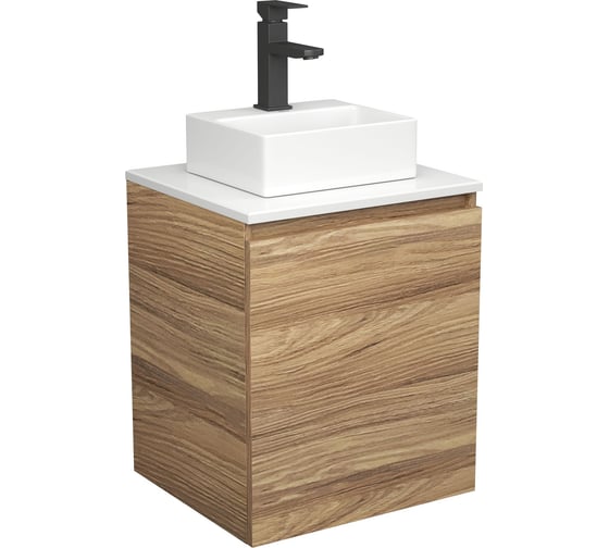 Тумба Bauedge Bau Dream Blackwood 50 с дверцей, раковина BAU Cerama Mini белая, смеситель Hotel Black, черный SD3195