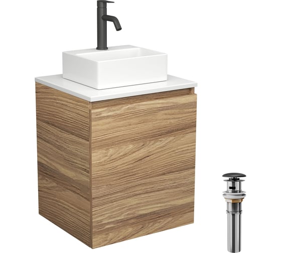 Тумба Bauedge Bau Dream Blackwood 50 с дверцей, раковина BAU Cerama Mini белая, смеситель Hotel Dream Black, нерж. сталь, черный, выпуск клик-клак черный SD3206 1