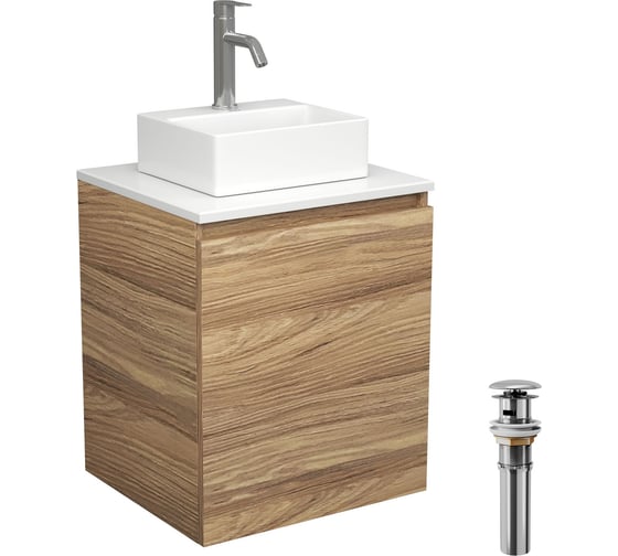 Тумба Bauedge Bau Dream Blackwood 50 с дверцей, раковина BAU Cerama Mini белая, смеситель Hotel Dream, нерж. сталь, выпуск клик-клак, хром SD3204 1