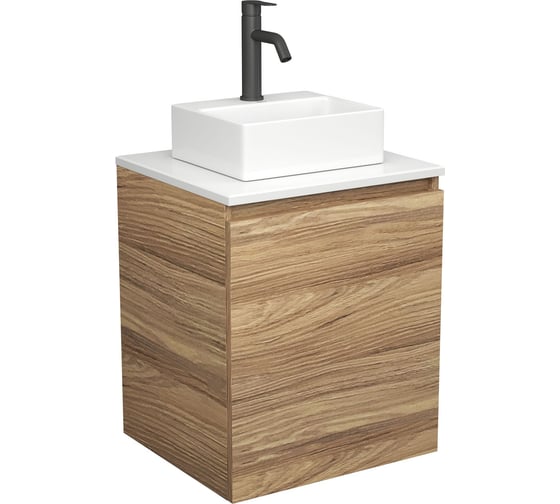 Тумба Bauedge Bau Dream Blackwood 50 с дверцей, раковина BAU Cerama Mini белая, смеситель Hotel Dream Black, нерж. сталь, черный SD3197