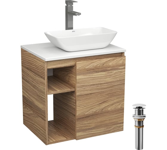 Тумба Bauedge Bau Dream Blackwood 60 правая, раковина BAU Spectrum mini 47х24 смеситель для раковины высокий Hotel Still, нержавеющая сталь, выпуск клик клак, SD3214