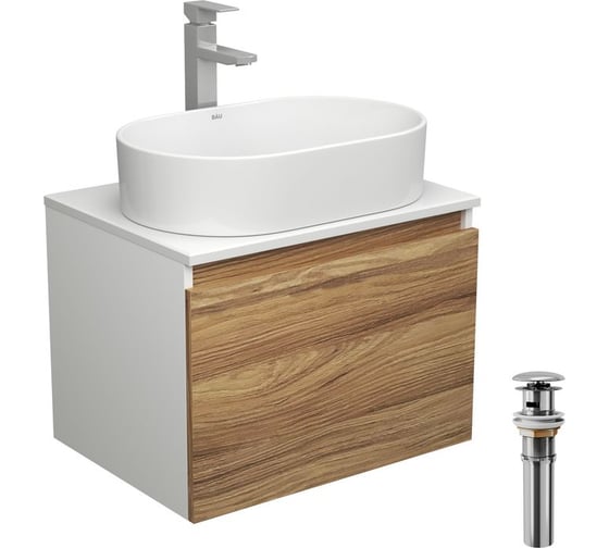 Тумба Bauedge Bau Dream Blackwood 60, 1 ящик, раковина овальная BAU Nimb 55х35, смеситель Hotel Stil, нерж. сталь, выпуск клик клак, хром BD2912 1
