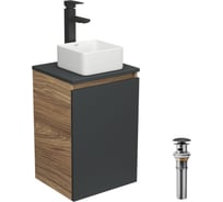 Комплект для ванной Bauedge 4 предмета (тумба Bau 40, графит + раковина BAU Hotel mini 24x24 + смеситель Hotel Black, выпуск клик-клак, черный) BD1915