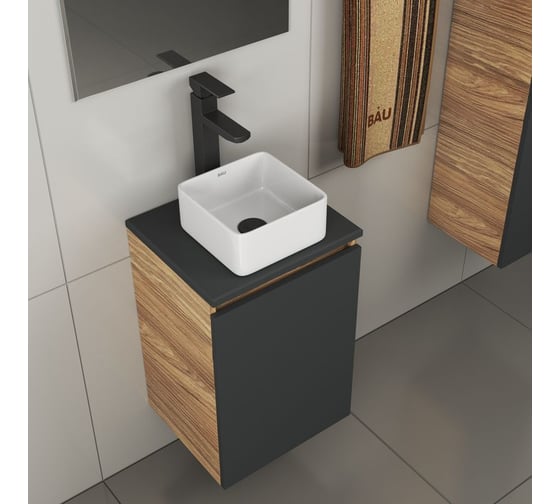 Комплект для ванной Bauedge 4 предмета (тумба Bau 40, графит + раковина BAU Hotel mini 24x24 + смеситель Hotel Black, выпуск клик-клак, черный) BD1915