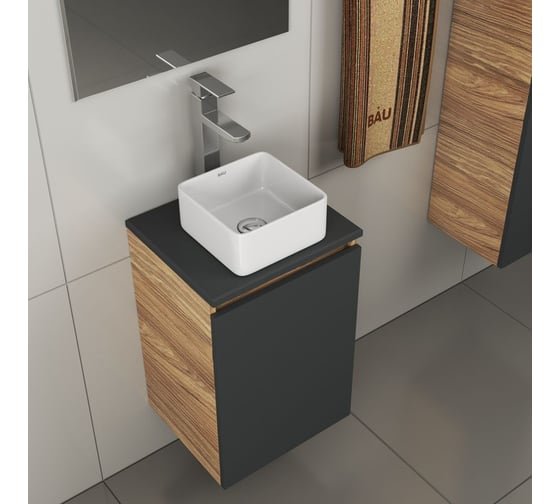 Комплект для ванной Bauedge 4 предмета (тумба Bau 40, графит + раковина BAU Hotel mini 24x24 + смеситель Hotel Still, выпуск клик-клак, хром) BD1913